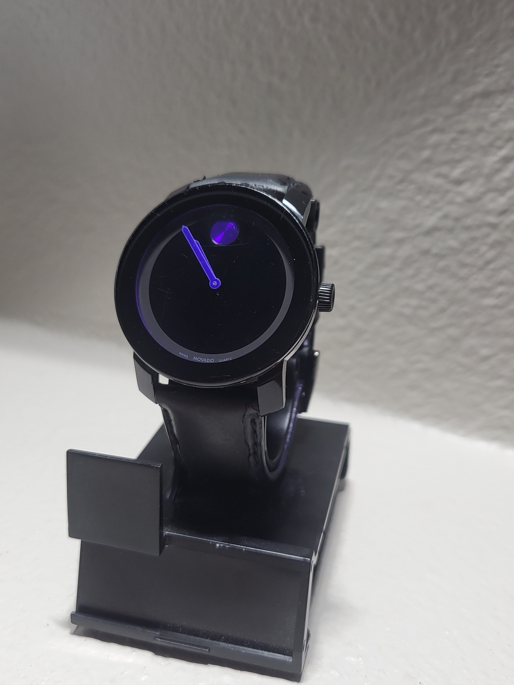 Movado Black Leather Watch with Purple Accent